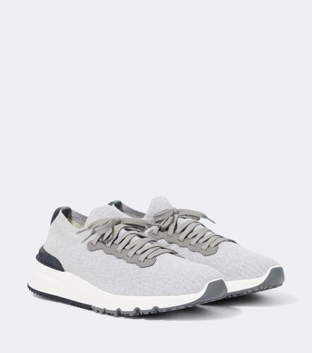 Leather-trimmed knitted slip-on sneakers - Brunello Cucinelli - Modalova