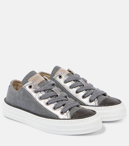 Beaded leather-trimmed canvas sneakers - Brunello Cucinelli - Modalova