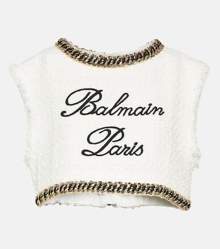 Crop top de tweed con logo y cadena - Balmain - Modalova