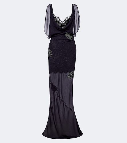 Emerald lace-trimmed georgette gown - De La Vali - Modalova