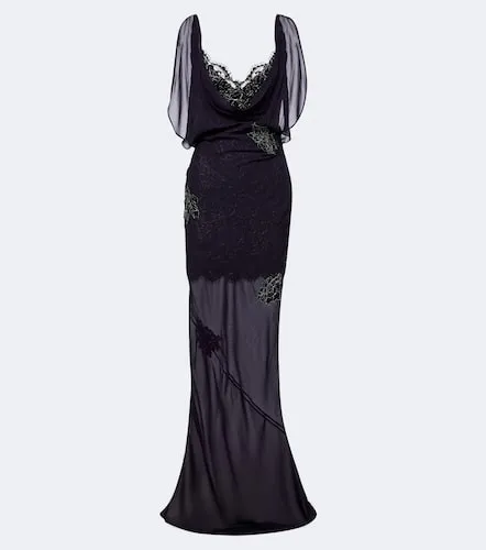 Emerald lace-trimmed georgette gown - De La Vali - Modalova