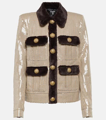 Sequined faux fur-trimmed jacket - Balmain - Modalova