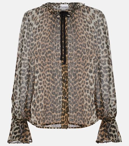 Leopard-print tie-neck chiffon blouse - Ganni - Modalova
