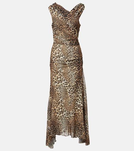 Ruched leopard-print mesh maxi dress - Ganni - Modalova