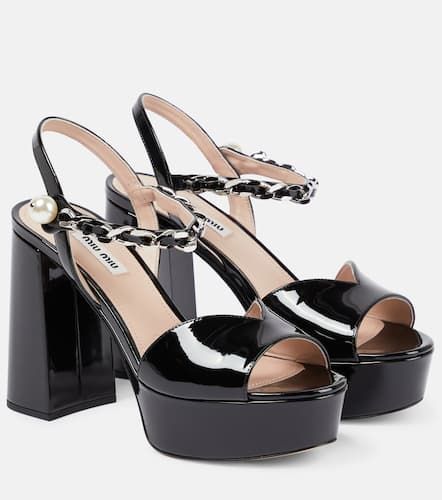 MIU MIU★素敵！BLACK PATENT LEATHER JEWELED STRAP SANDALS Miu Miu Black Satin Crystal Embellished Block Heel Platform