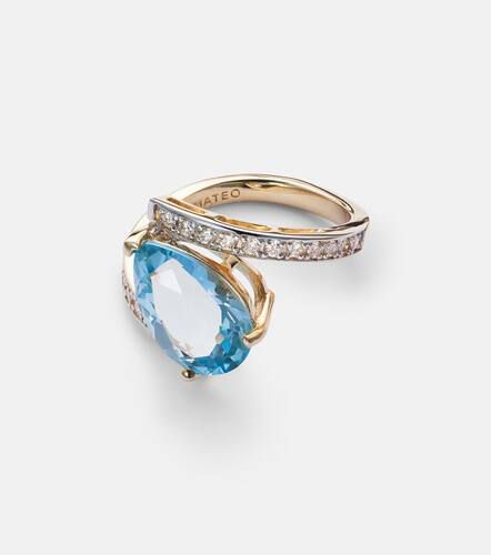 Slanted 14kt gold ring with topaz and diamonds - Mateo - Modalova