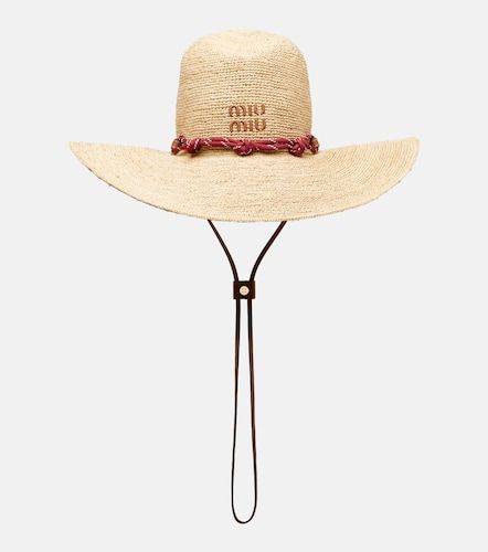 Leather-trimmed raffia sun hat - Miu Miu - Modalova