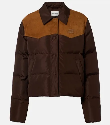 Suede-trimmed ponge down jacket - Miu Miu - Modalova