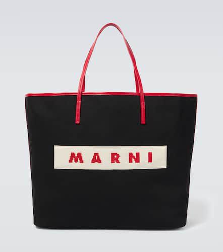 Leather-trimmed cotton canvas tote bag - Marni - Modalova