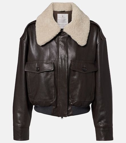 Shearling-trimmed leather bomber jacket - Brunello Cucinelli - Modalova