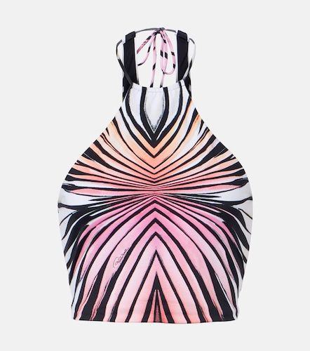 Printed halterneck mesh crop top - Roberto Cavalli - Modalova