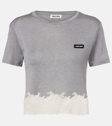 Top cropped in jersey di seta con pizzo - Miu Miu - Modalova