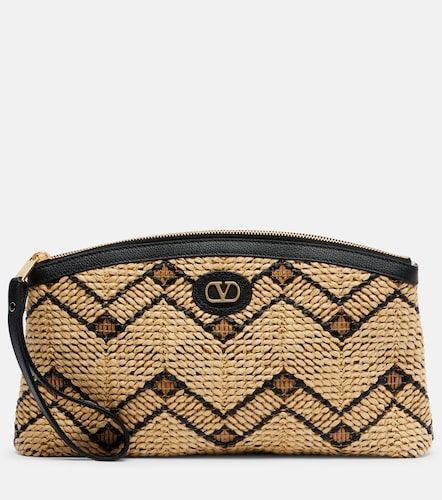 VLogo Small leather-trimmed raffia pouch - Valentino Garavani - Modalova