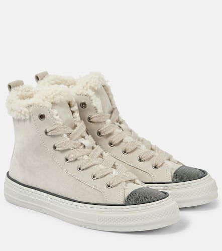 Shearling-trimmed suede high-top sneakers - Brunello Cucinelli - Modalova