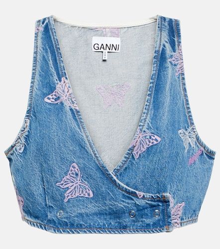 Ganni Embroidered denim crop top - Ganni - Modalova
