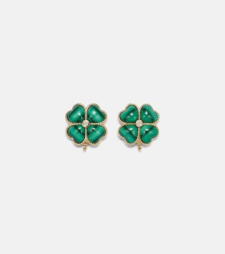 Yvonne Léon Orecchini Puces Dôme Trèfle in 9kt con diamanti e malachite - Yvonne Leon - Modalova