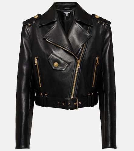 Cropped leather biker jacket - Balmain - Modalova