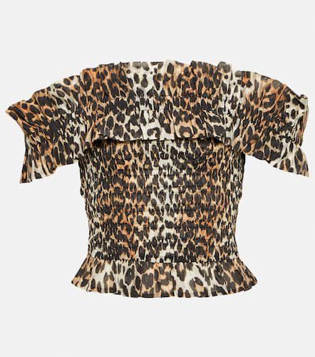 Leopard-print off-shoulder voile top - Ganni - Modalova