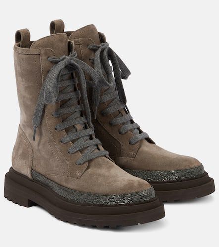 Monili-embellished suede combat boots - Brunello Cucinelli - Modalova