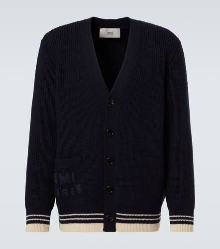 Logo ribbed-knit virgin wool cardigan - Ami Paris - Modalova