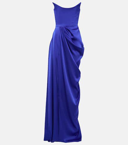 Satin crêpe draped bustier gown in blue - Alex Perry