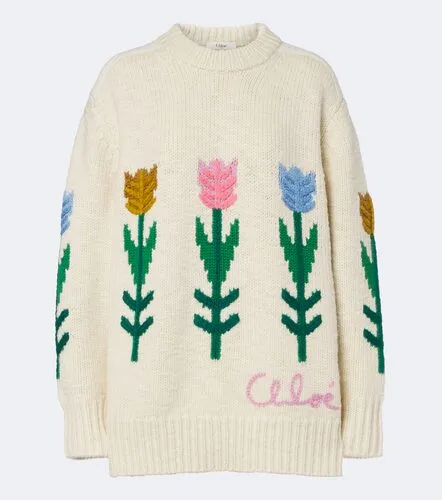 Floral intarsia oversized wool sweater - Chloe - Modalova