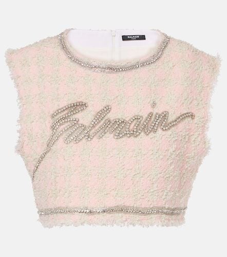 Logo embellished bouclÃ© crop top - Balmain - Modalova