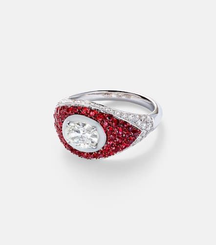 Kt white gold pinky ring with diamonds and rubies - Kamyen - Modalova