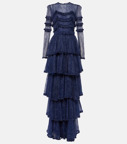 Frill-trimmed tiered lace gown - Costarellos - Modalova