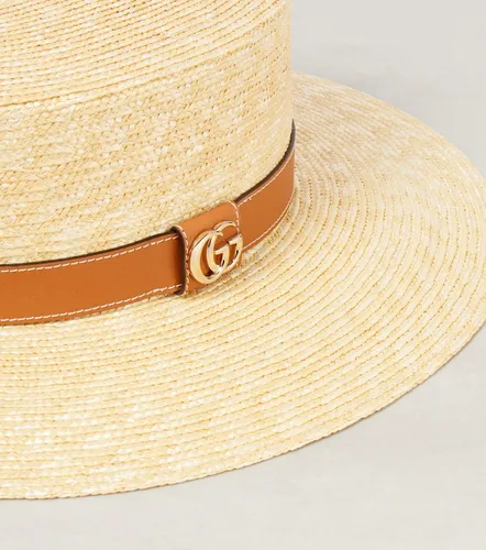 GG leather-trimmed straw boater hat - Gucci - Modalova