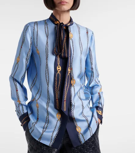 Printed tie-neck silk twill shirt - Gucci - Modalova