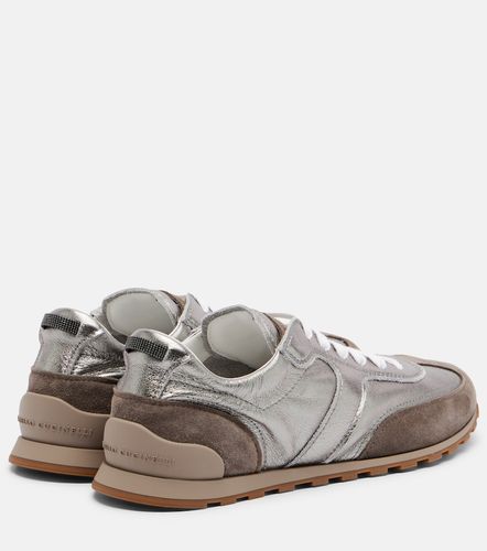 Monili suede-trimmed metallic leather sneakers - Brunello Cucinelli - Modalova