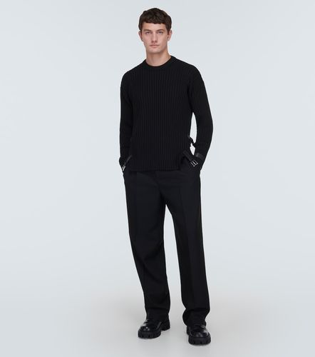 Leather-trimmed knit wool sweater - Versace - Modalova