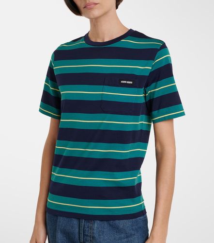 T-shirt in jersey di cotone a righe con logo - Miu Miu - Modalova