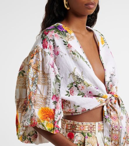 Floral tie-front linen crop top - Camilla - Modalova