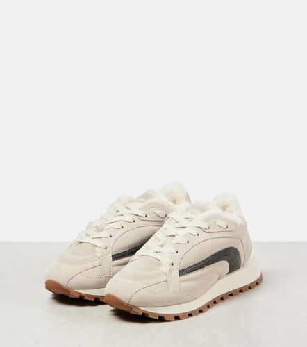 Sneakers in suede con shearling e monili - Brunello Cucinelli - Modalova
