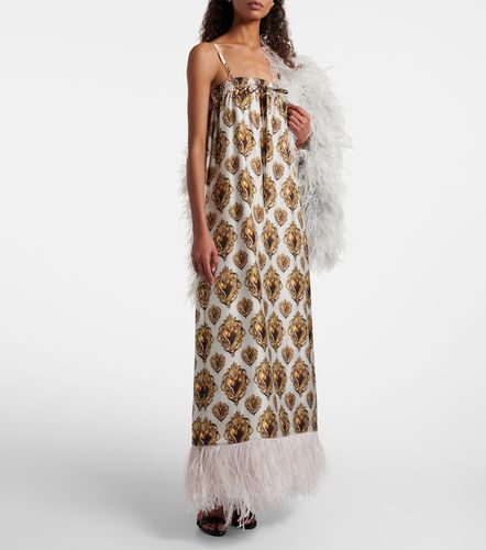 Abito lungo in seta con stampa e piume - Dolce&Gabbana - Modalova