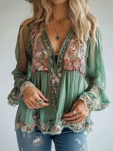 Floral Pattern V Neck Semi-Transparent Long Sleeve Blouse - Ursime - Modalova