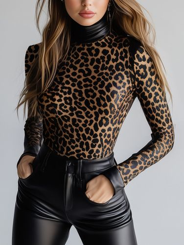 PU Leather Leopard Pattern High Neck Long Sleeve Blouse - Ursime - Modalova