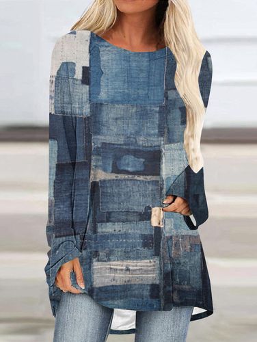 Crew Neck Long Sleeve Denim Pattern Mid-length Blouse - Ursime - Modalova
