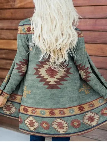 Boho Fringe Print Open Front Long Sleeve Cardigan - Ursime - Modalova