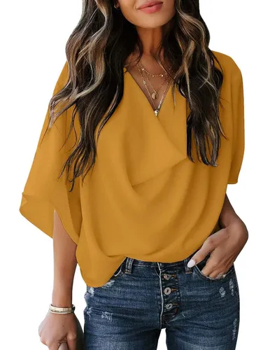 Solid Drape Neck Casual Chiffon Top - Ursime - Modalova