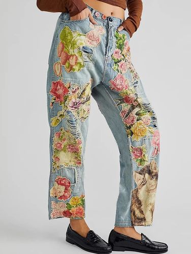 Elegant Floral Cat Ripped Denim Straight Leg Jeans - Ursime - Modalova