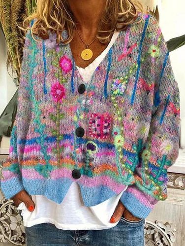 Casual Floral Pattern Three Button Knit Sweater Cardigan - Ursime - Modalova
