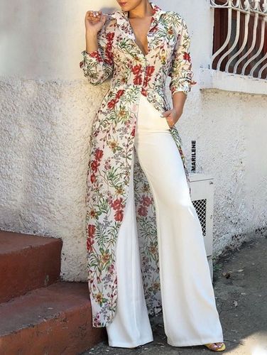 Elegant Floral Allover Button Lapel Collar Ankle-Length Jacket - Ursime - Modalova