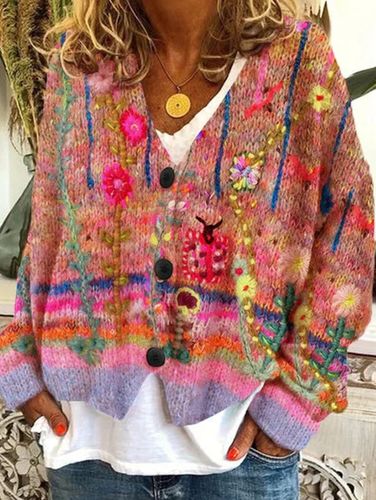 Casual Floral Pattern Three Button Knit Sweater Cardigan - Ursime - Modalova