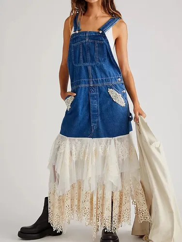 Denim Irregular Lace Patchwork Pocket Overall Maxi Dress - Ursime - Modalova