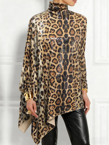 Party Metallic Leopard High Collar Long Sleeve Irregular Hem Elegant Sequin Blouses - Ursime - Modalova