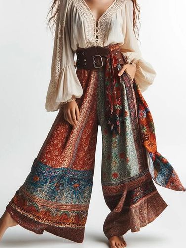 Boho Patchwork Pocket Loose Flare Leg Pants - Ursime - Modalova