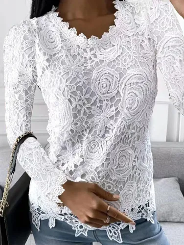 Casual Lace Patchwork Floral Crew Neck Long Sleeve Blouse - Ursime - Modalova